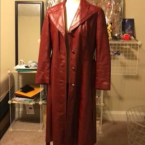 Full length red leather coat